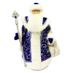 Figurka Děda Mráze v modro-bílé se stříbrem, s oddělením na cukrovinky a dárky, 50 cm
