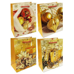 Dárková taška „Svíčka, vánoční koule, dárky“, zlatá 23×18 cm